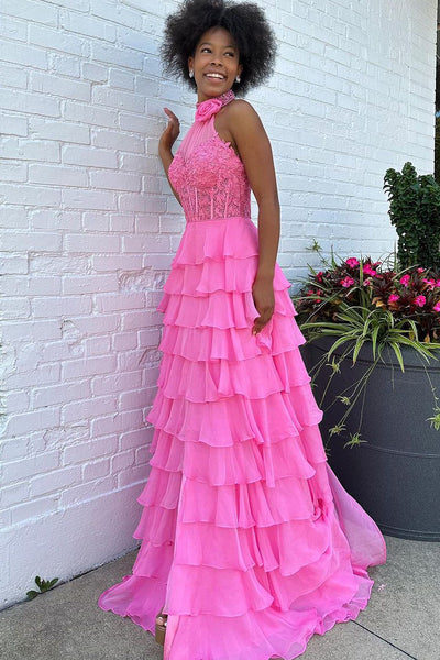 Cute Sheath Halter Neck Pink Chiffon Cupcake Prom Dresses AB110904