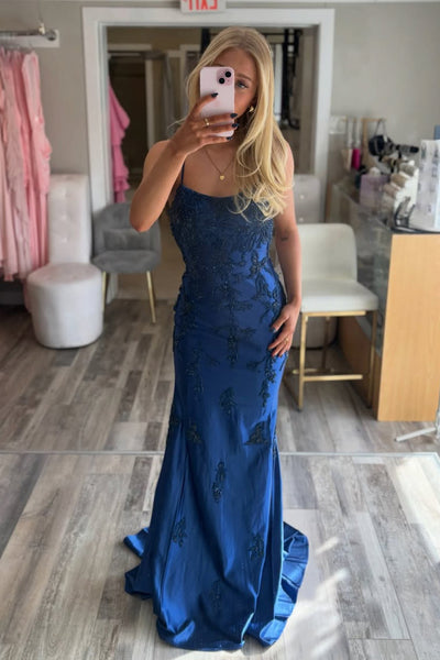 Cute Mermaid Scoop Neck Navy Satin Prom Dress with Appliques AB26012413
