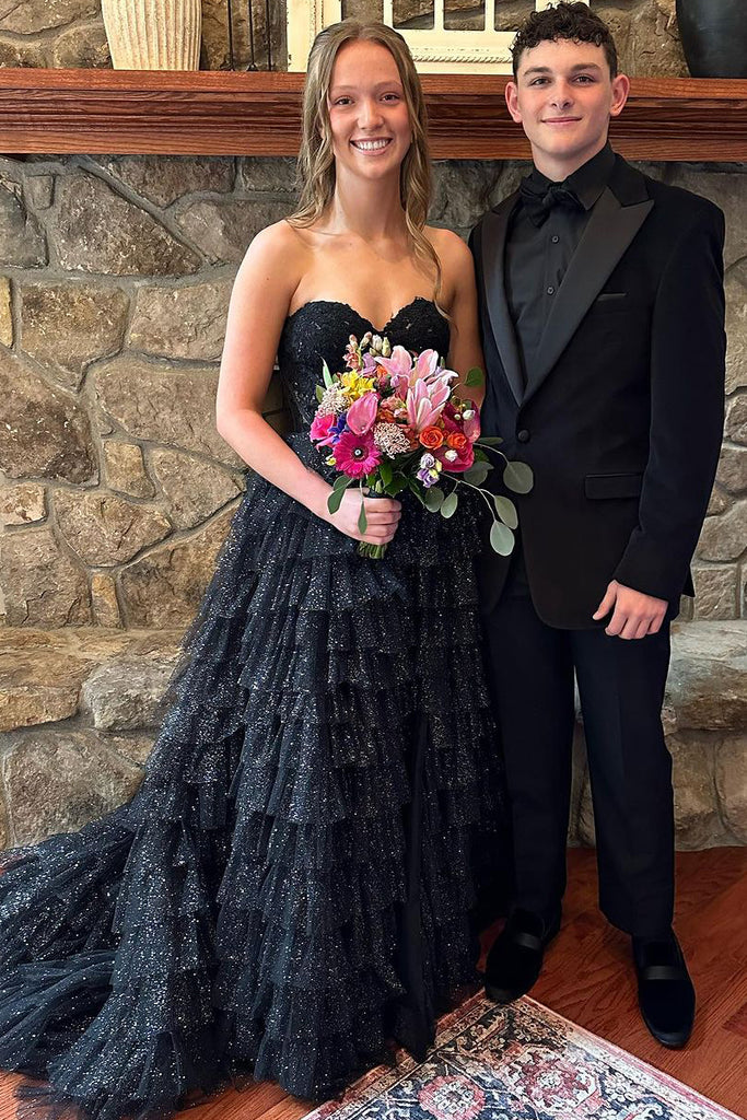 black strapless ruffle prom dress Royal Blue Strapless Ruffles Sleeveless Long Prom Dress with Slit Black / 14