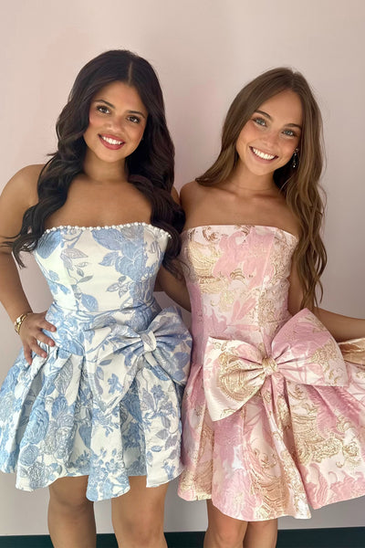 A Line Strapless Light Blue Jacqaurd Satin Homecoming Dress AB26070706