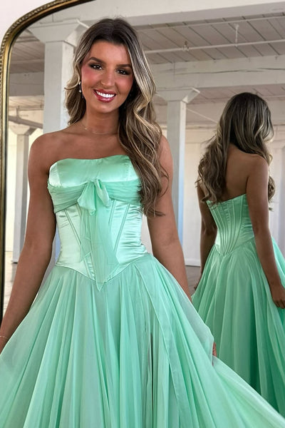 Cute A Line Strapless Light Blue Chiffon Long Prom Dress with Slit AB2622804