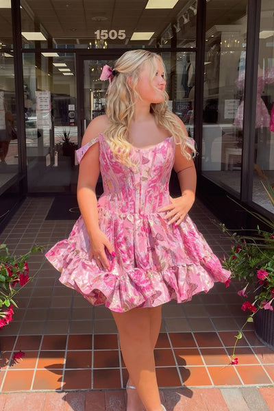 Cute A Line Off the Shoulder Pink Jacquard Satin Short Homecoming Dress AB25073103