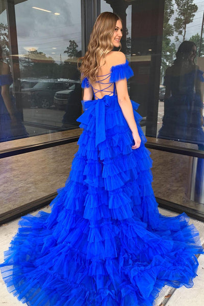 Off the Shoulder Blue Ruffle Tulle Long Prom Dress with Slit AB4041502