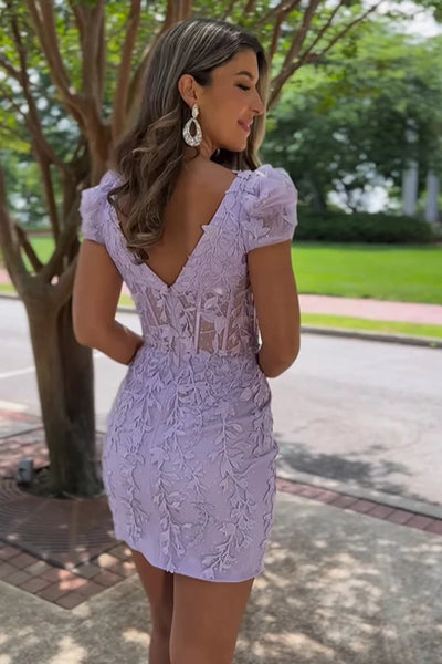 Cute Bodycon Square Neck Lavender Lace Short Homecoming Dresses with Cap Sleeves AB082201