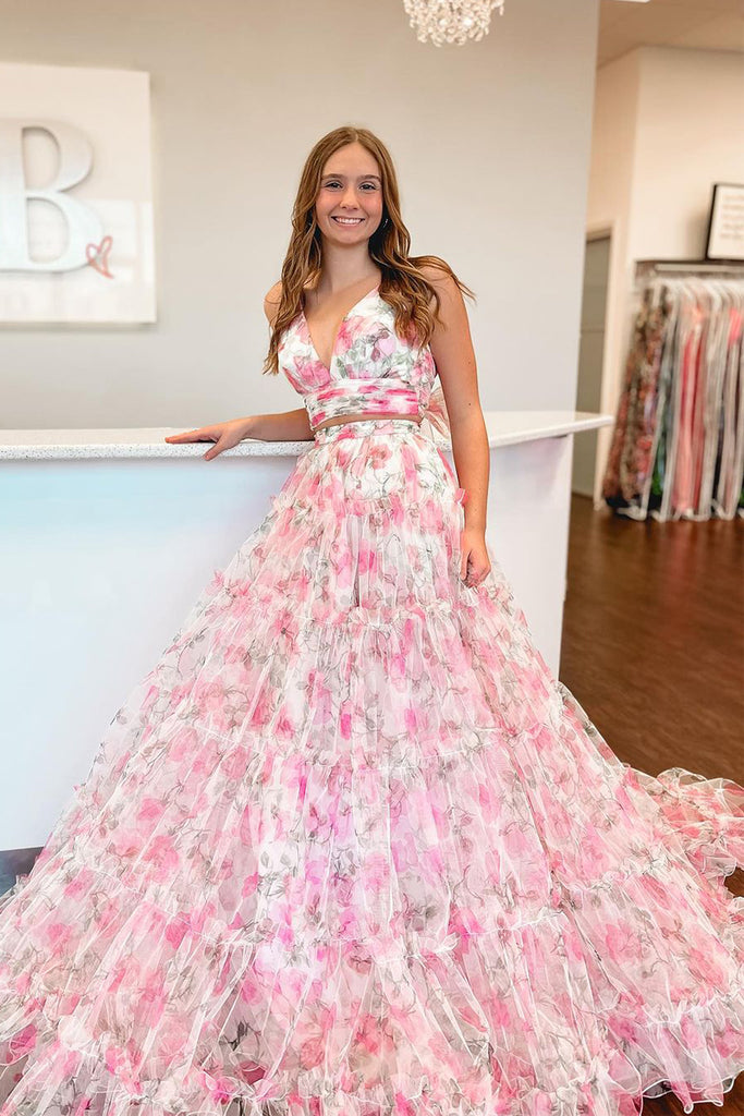 Two Piece V Neck Floral Printed Long Prom Dress with Bow AB4032902 Anniebride Two Piece V Neck Floral Printed Long Prom Dress with Bow AB4032902 Anniebride