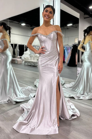 Charming Mermaid Off the Shoulder Satin Long Prom Dresses with Beading AB24102310