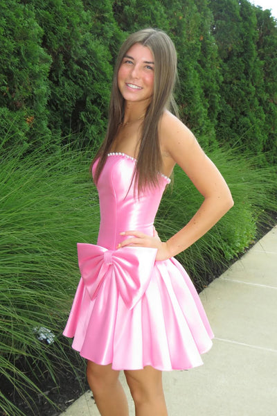 A Line Strapless Pink Satin Short Homecoming Dress AB26062805