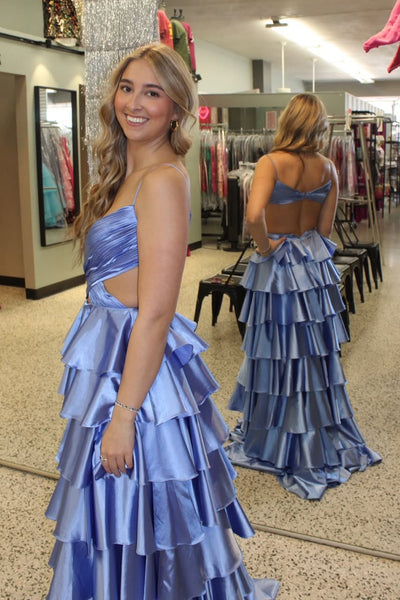 Cute A Line V Neck Dark Blue Satin Tiered Prom Dress AB26020604