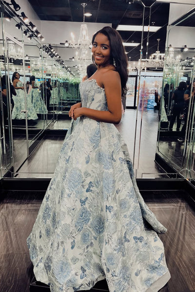 Cute A Line Scoop Neck Grey Light Blue Floral Satin Prom Dress AB26032205