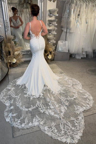 Gorgeous Mermaid V Neck Satin Wedding Dress with Appliques AB26022809