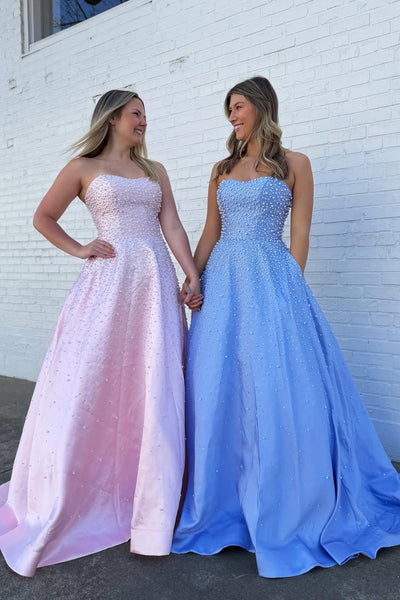 Cute A Line Strapless Pink Satin Prom Dress with Pearls Beading AB26040516