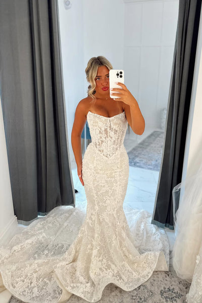 Elegant Mermaid Scoop Neck Lace Wedding Dress AB26062119