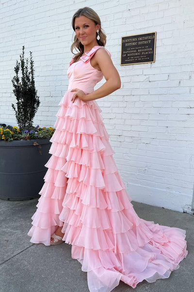 A Line Sqare Neck Blush Pink Satin Long Prom Dress with Slit AB26032810