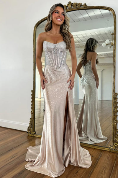Gorgeous Mermaid Scoop Neck Hof Fix Satin Prom Dress with Slit AB26020606