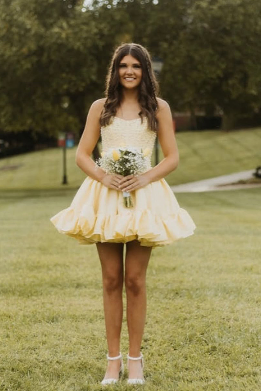 Cute A Line Scoop Neck Daffodial Tulle Homecoming Dress with Beading AB25090801