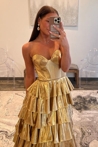 Unique Strapless Gold Ruffle Tiered Satin Long Prom Dress AB4051602