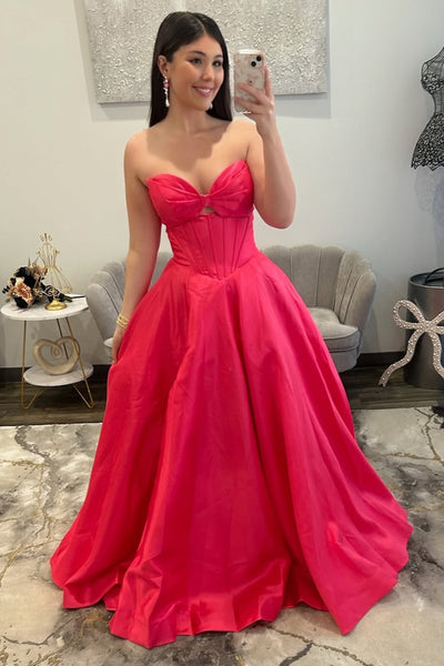 Gorgeous A Line Strapless Red Satin Long Prom Dress AB26012507