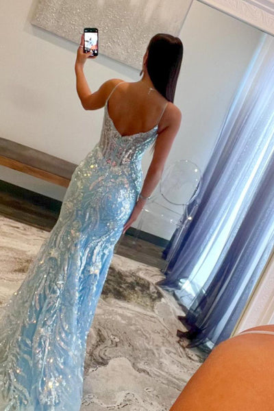 Cute Mermaid V Neck Light Blue Sequins Long Prom Dresses with Slit AB122405