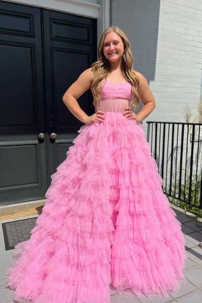 Cute Ball Gown Sparkly Tulle pink Long Prom Dresses AB100704