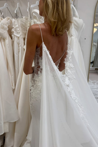 Mermaid V Neck Satin Wedding Dress with Appliques AB25122210