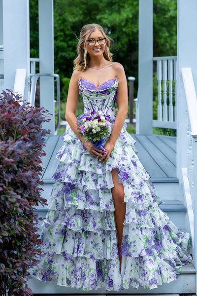 Cute A Line Sweetheart Lavender Chiffon Tiered Prom Dress with Slit AB26041904