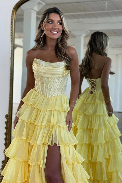 A-Line Strapless Yellow Ruffle Tiered Long Prom Dresses with Beadings AB25032405