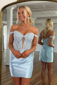 Cute Off the Shoulder Light Blue Satin Short Homecoming Dress with Appliques AB25080603