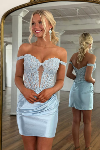Cute Off the Shoulder Light Blue Satin Short Homecoming Dress with Appliques AB25080603