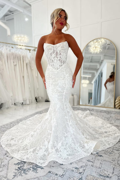 Elegant Mermaid Scoop Neck Lace Wedding Dress AB26062119