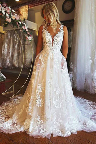 Stunning A Line v Neck Tulle Lace Wedding Dresses with Pockets ABWD061809