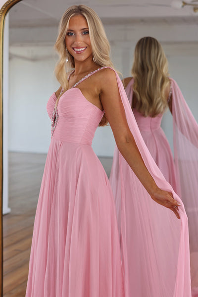 A Line V Neck Blush Pink Chiffon Long Prom Dress with Beading AB26102104