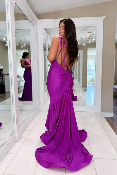 Charming Mermaid V Neck Purple Stretch Satin Prom Dress AB25111808