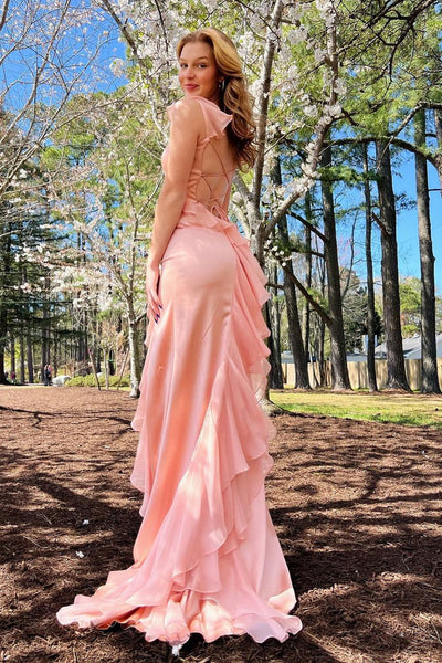 Pink Square Neck Ruffle Chiffon Long Prom Dress with Slit AB4041202