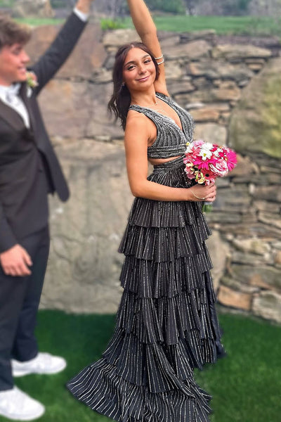 Cute A Line V Neck Black Satin Tiered Long Prom Dress with Hot Stone AB25052703