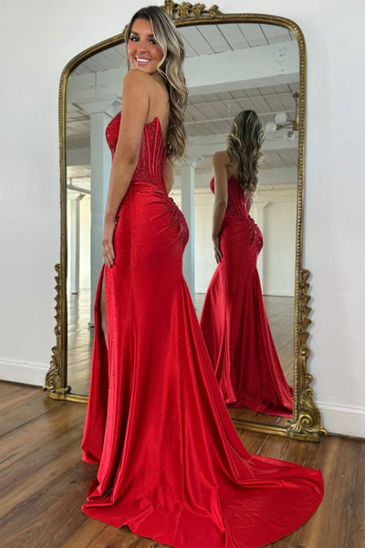 Gorgeous Mermaid Scoop Neck Hof Fix Satin Prom Dress with Slit AB26020606