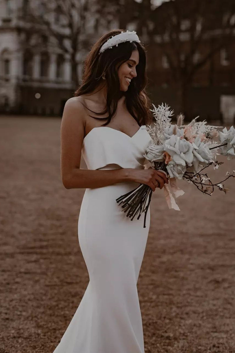 Elegant Mermaid Strapless White Elastic Satin Long Wedding Dresses AB091105