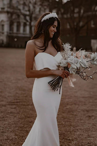 Elegant Mermaid Strapless White Elastic Satin Long Wedding Dresses AB091105