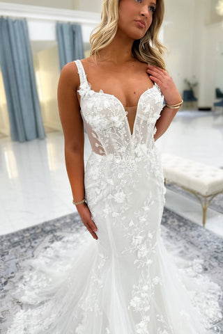 Fashion Mermaid V Neck Lace Wedding Dresses with Beading AB25050206