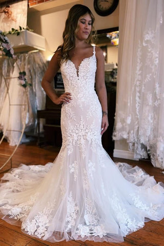 Gorgeous Mermaid V Neck Lace Long Wedding Dresses with Appliques AB24100901