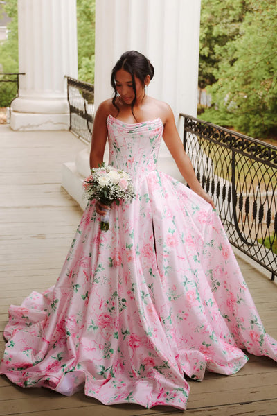 A Line Scoop Floral Satin Prom Dress with Slit AB26060112