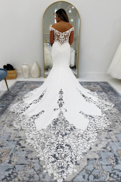 Mermaid Off the Shoulder Elastic Satin Wedding Dress with Appliques AB05060202