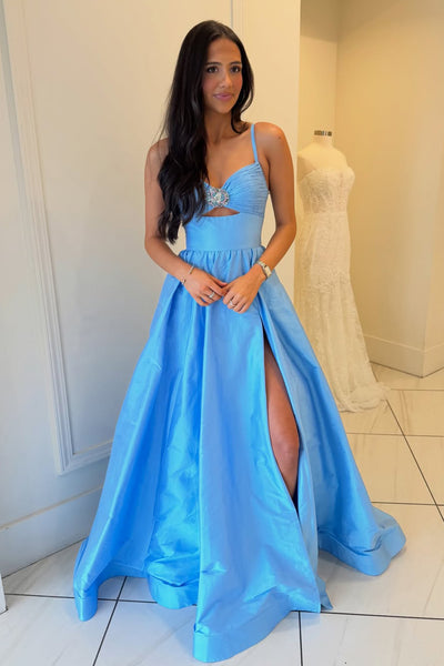 Cute A Line V Neck Keyhole Blue Satin Prom Dress with Beading AB26012707