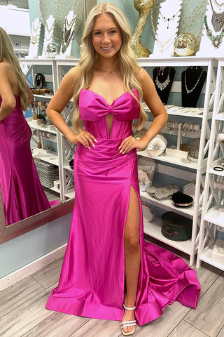Cute Mermaid Strapless Pink Satin Slit Prom Dress AB25010408