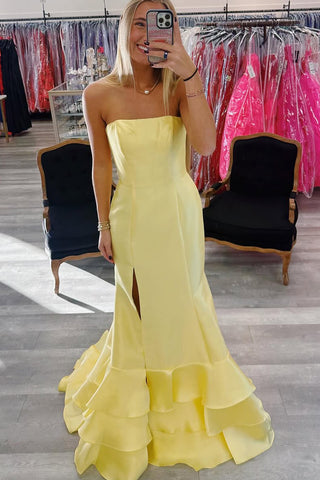 Cute Mermaid Strapless Yellow Satin Tiered Prom Dress with Slit AB25010902