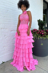 Cute Sheath Halter Neck Pink Chiffon Cupcake Prom Dresses AB110904