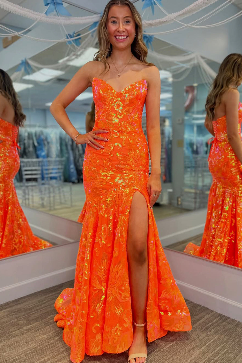 Cute Mermaid V Neck Orange Sequins Lace Long Prom Dress AB25071704