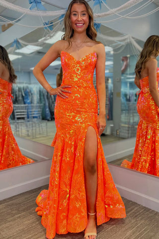 Cute Mermaid V Neck Orange Sequins Lace Long Prom Dress AB25071704