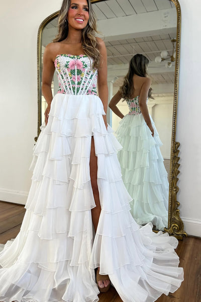 Gorgeous A Line Strapless White Tiered Chiffon Prom Dress with Beading AB26020312