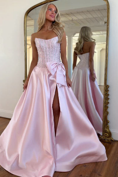 Gorgeous A Line Scoop Neck Pink Satin Beads Slit Prom Dress with Bow AB021515
