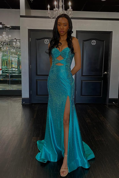 Charming Mermaid Sweetheart Keyhole Aqua Hot Fix Satin Prom Dress AB26020305
